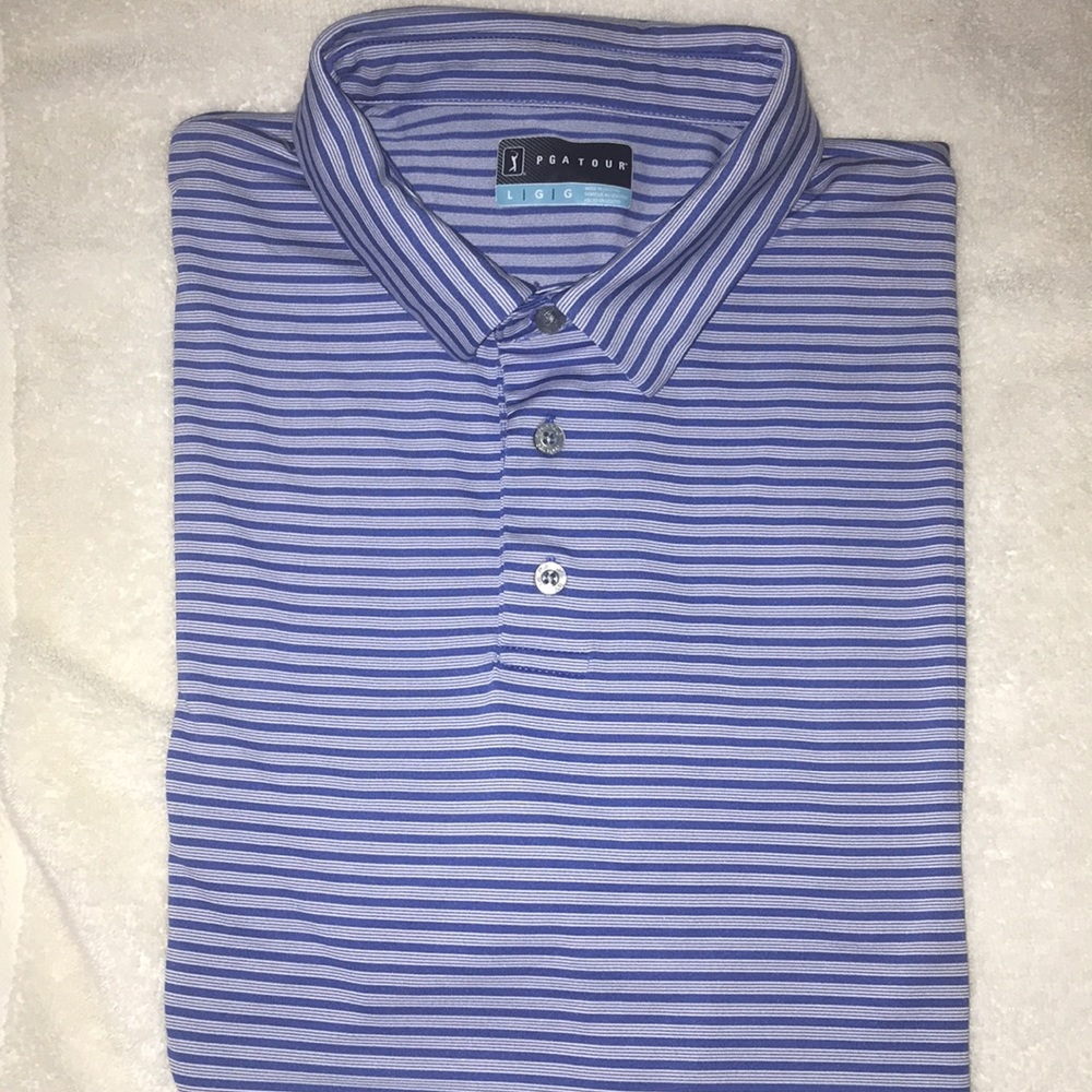 PGA TOUR polo GOlF shirt Blue with white stripes Size LG